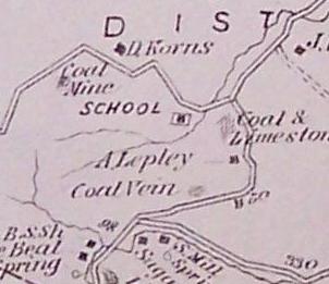Korns School, and Daniel Korns' coal mine on map from 1876 Beers atlas.