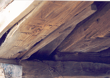 Hand hewn porch beams on the Korns farmhouse, Southampton Township, Somerset County, PA.