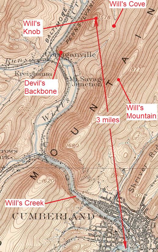 A topographic map that has been marked up to show the location of Indian Will's Cove near Fort Cumberland in Allegany County, Maryland.