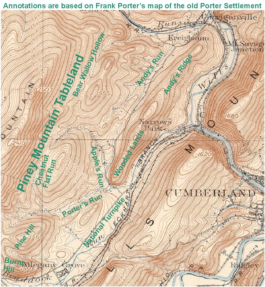 Annotated topographic map showing the location of various places west of and near Cumberland, Maryland.