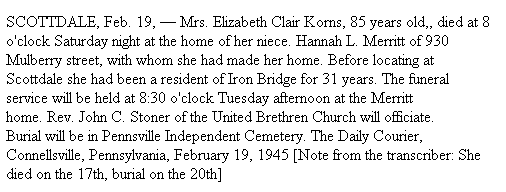 Obituary of Elizabeth Clair Korns