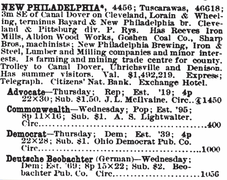 Beginning of New Philadelphia Ohio Newspaper list