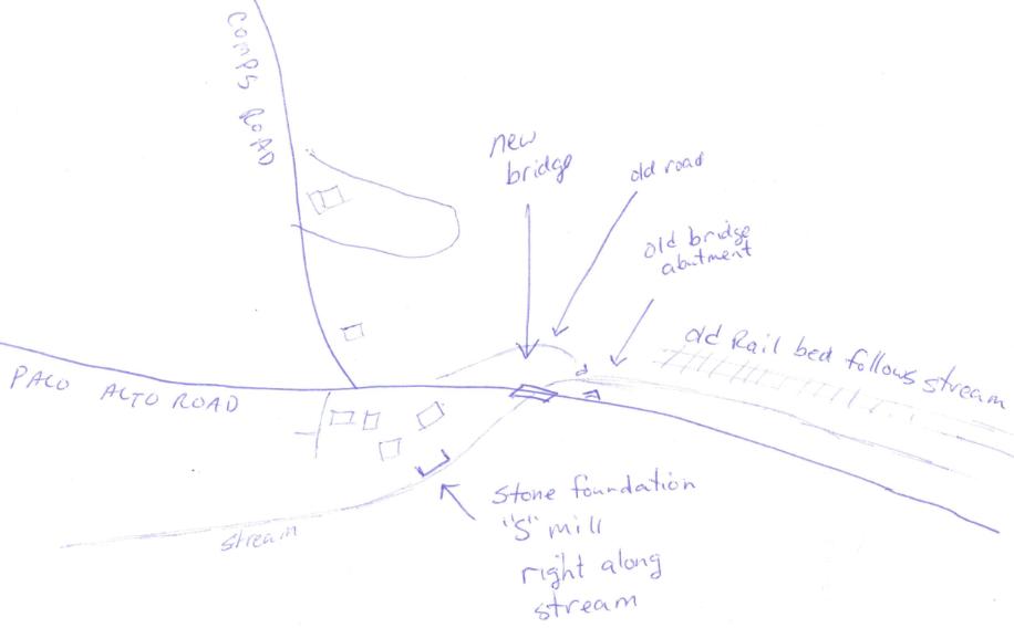 Sketch showing where old stone bridge abutment is located.