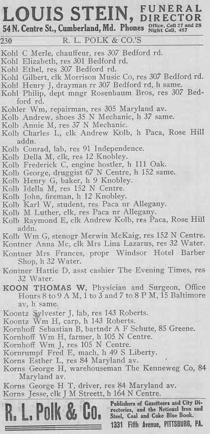 Korns in Cumberland Directory, page 230