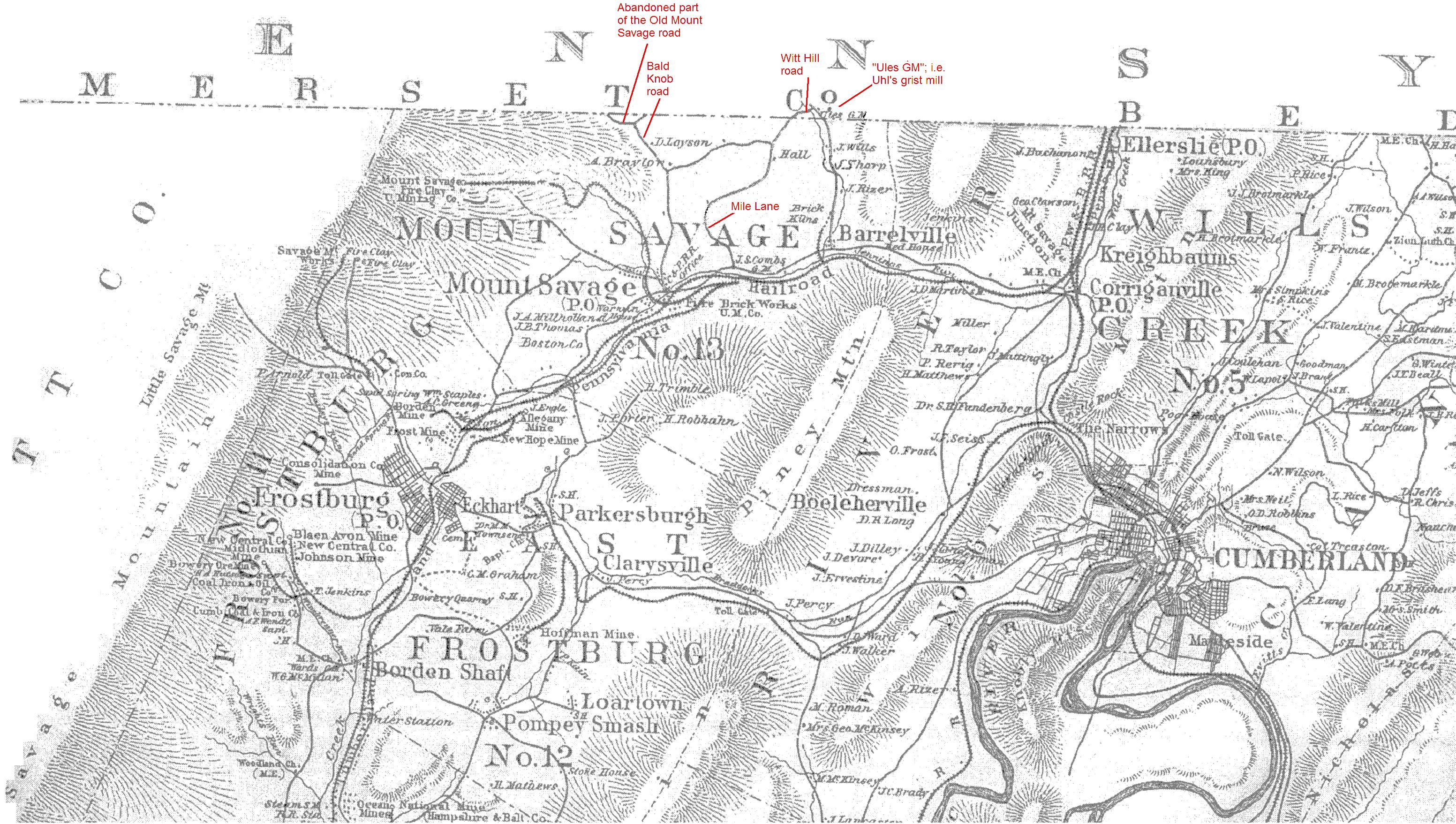 An excerpt from the 1875 map of Allegany County, Maryland.