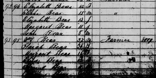 Elisha Bear is shown to be living with Elizabeth Bare in 1850 census