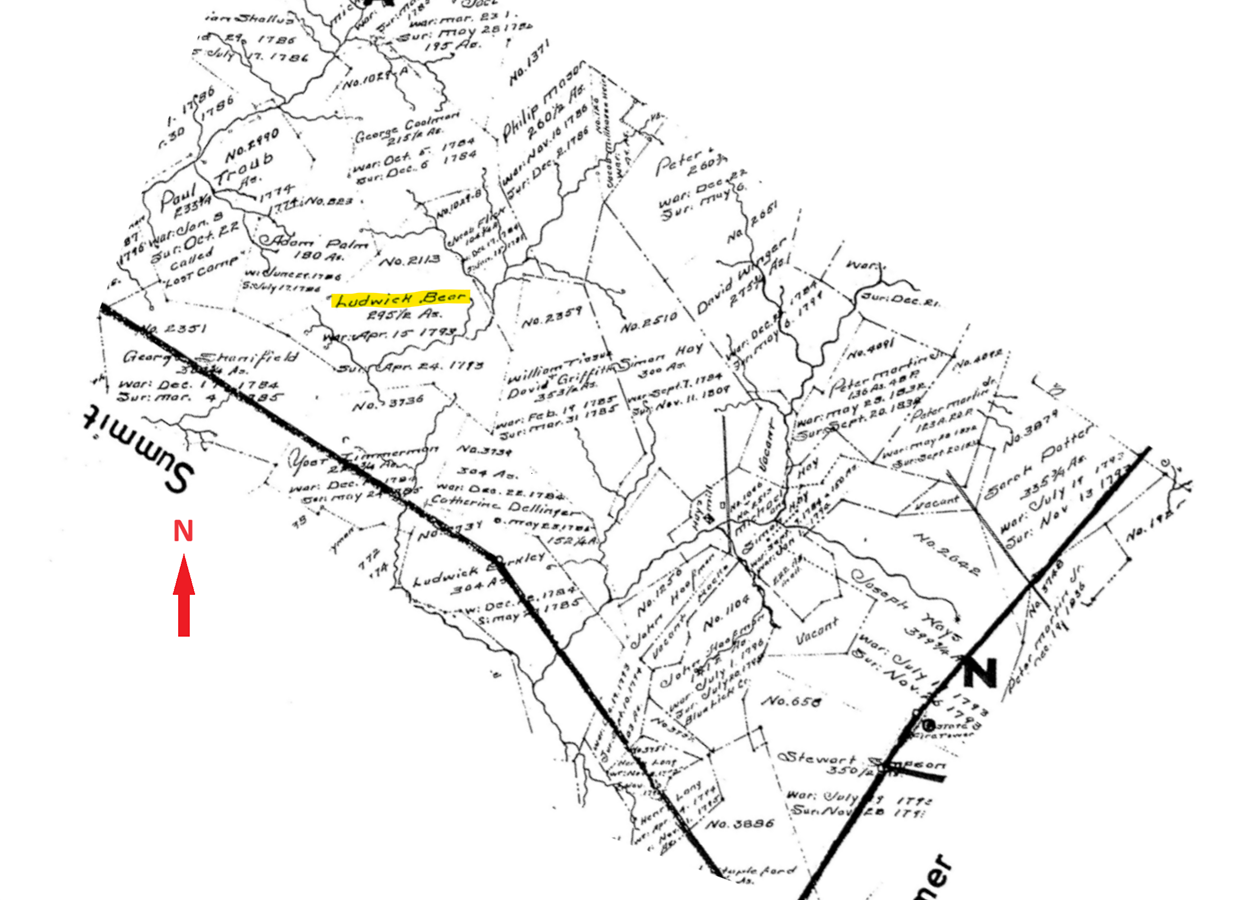 Rotated excerpt from Brothersvalley warrant survey map.