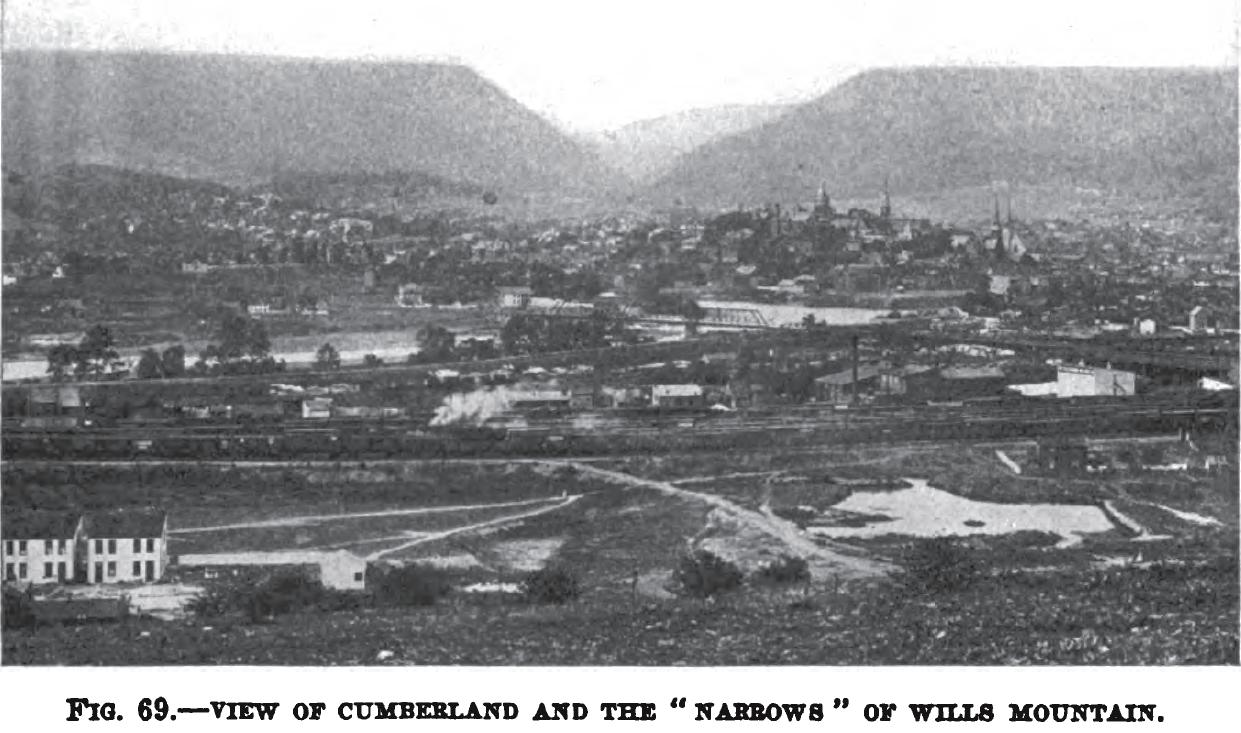A photo of Cumberland, Maryland with the Narrows in the background, from a 1918 book.