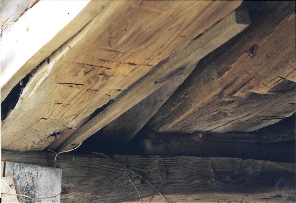 Hand hewn porch beams on the Korns farmhouse, Southampton Township, Somerset County, PA.