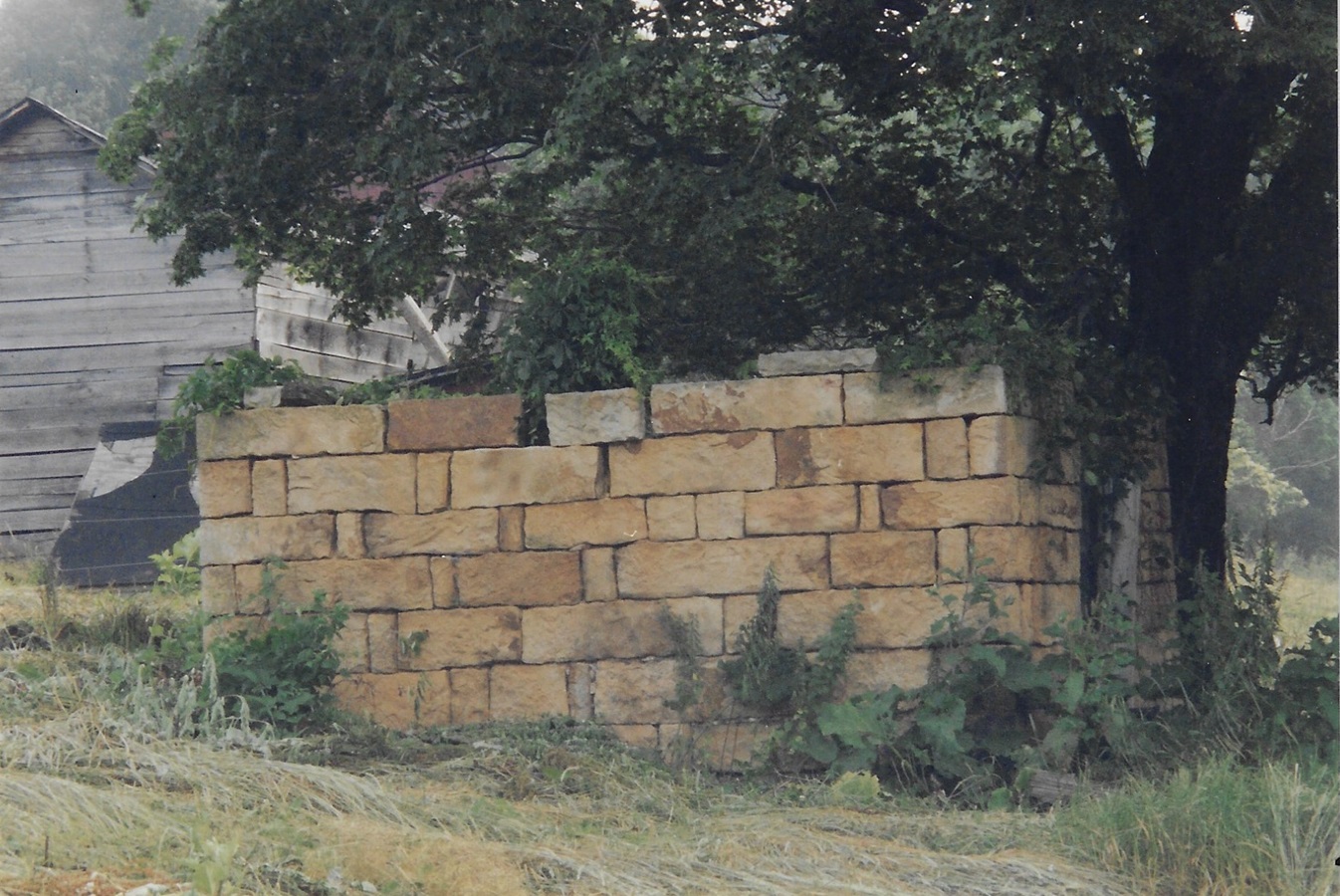 The west-facing wall of the smokehouse.