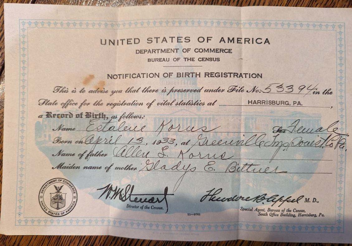 Estalene (Korns) Dietle Birth Certificate.