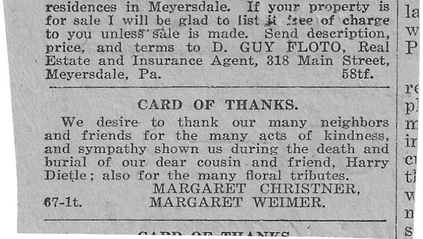 A thank you note regarding the funeral of Harry Dietle.