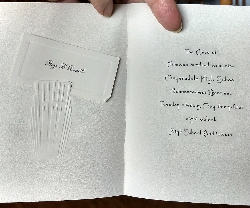 An inside view of the the 1949 graduation invitation of Roy Dietle.