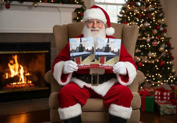 Santa Claus holding the two-volume 'Fort Cumberland' book set.