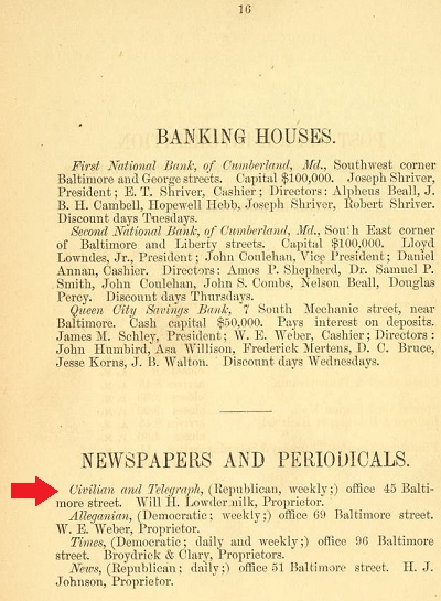  A reference to William H. Lowdermilk as the proprietor of a newspaper in the 1873 Cumberland directory.