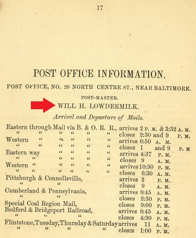  A reference to the postmaster William H. Lowdermilk in the 1873 Cumberland directory.