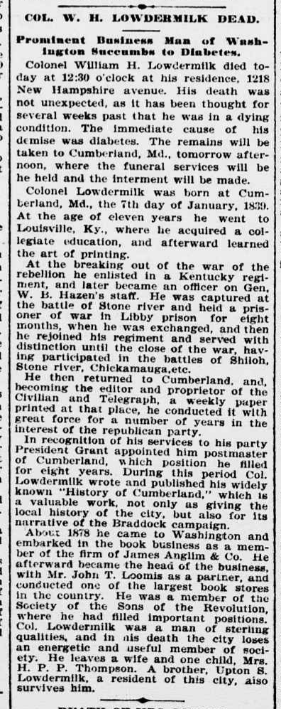 The 1897 obituary of William H. Lowdermilk, author of the 1878 book 'History of Cumberland...' 