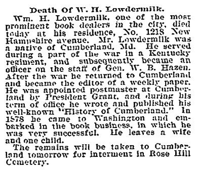  An obituary for William H. Lowdermilk that was published in a Baltimore newspaper.