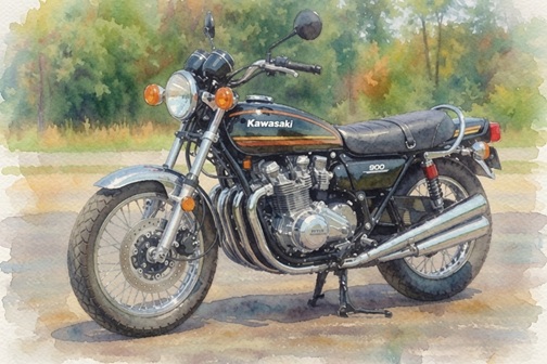 A picture of the type of motorcycle referenced in the bluegrass song 'Kidd's Mills Road,' a mid-1970s Kawasaki 900 Z1.