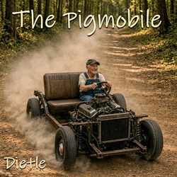 Cover artwork for the original car-nostalgia-related Pennsylvania Bluegrass song 'The Pigmobile' by Lannie Dietle, which was inspired by a relative�s unusual car.