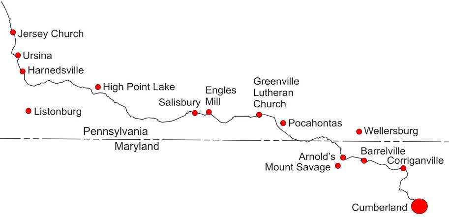 A schematic drawing of the route of the southern portion of the Turkey Foot Road. 