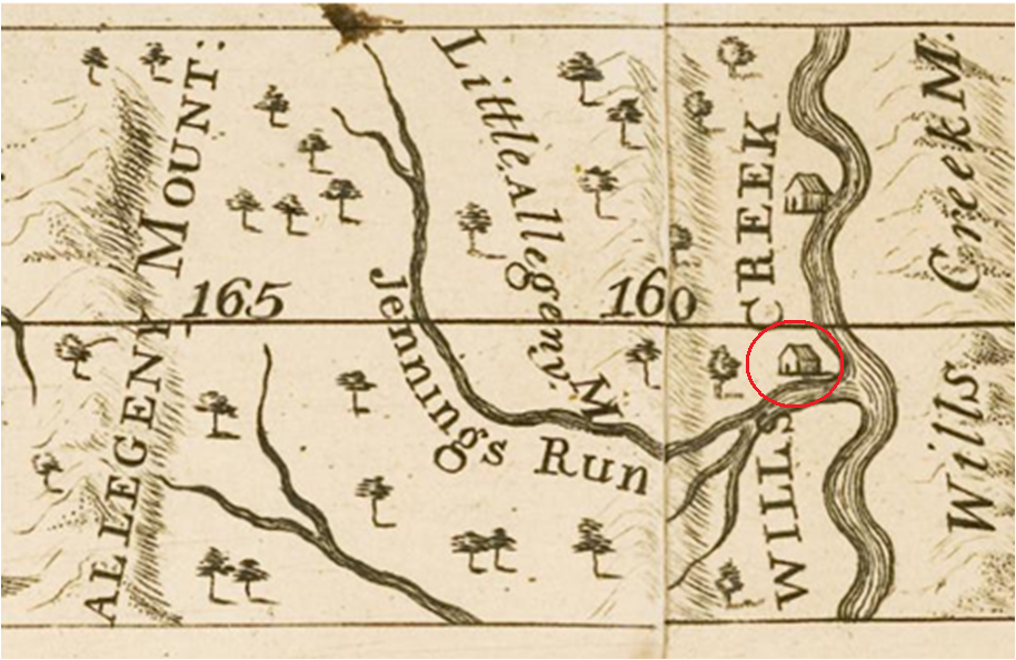 A 1766 map illustrates a building at the site of present-day Corriganville, Maryland. 