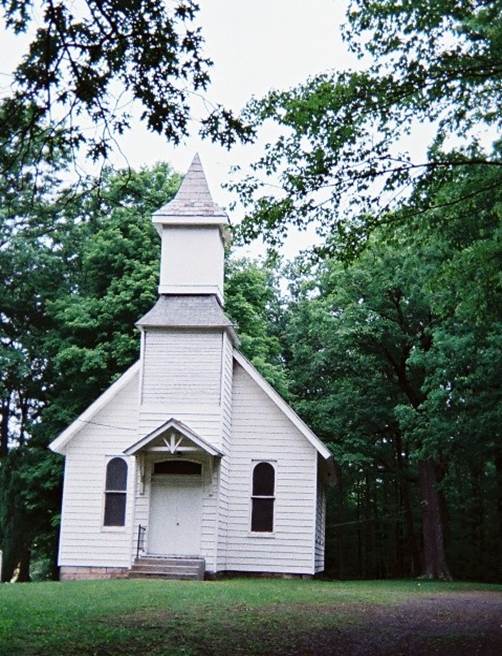 This shows the 1879 Silbaugh Church on Fort Hill Road, which is a surviving part of the old Turkey Foot Road. 