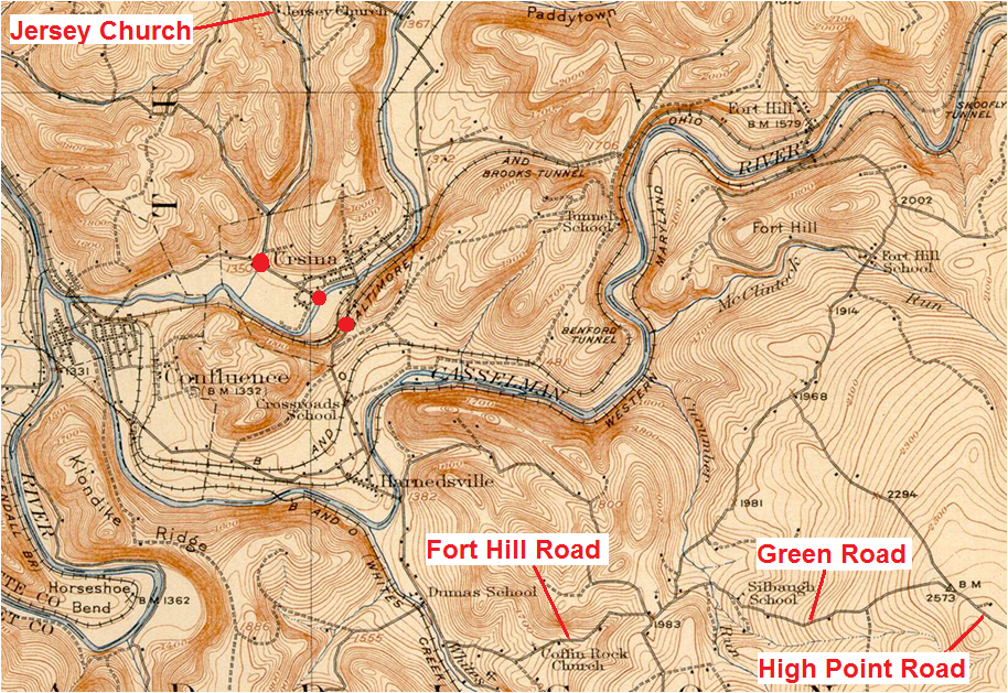 A map showing the route of the Turkey Foot Road near Harnedsville and through Ursina.