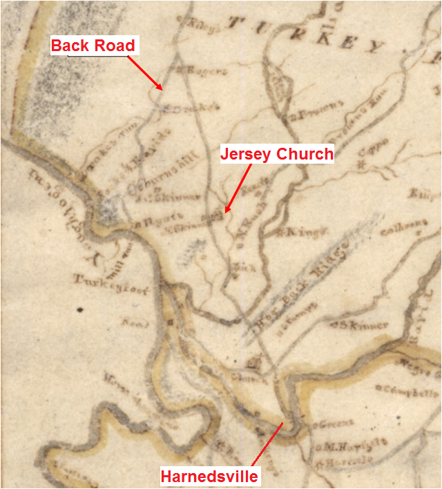 An excerpt from the 1818 Melish-Whiteside manuscript map of Somerset County.
