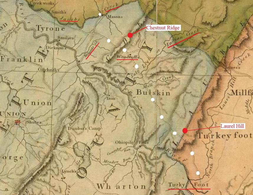  The route of the Turkey Foot Road across Fayette County on a 1792 map.