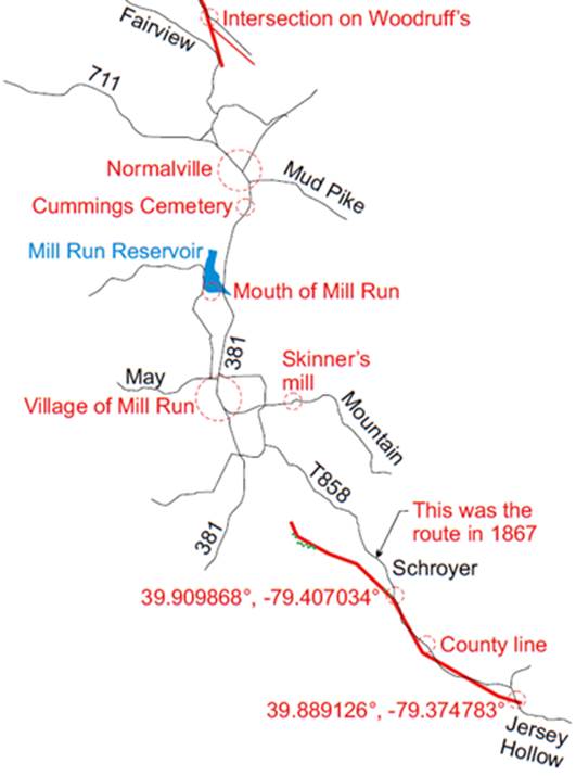  A drawing of the southern

part of the Fayette County route of the Turkey Foot Road.