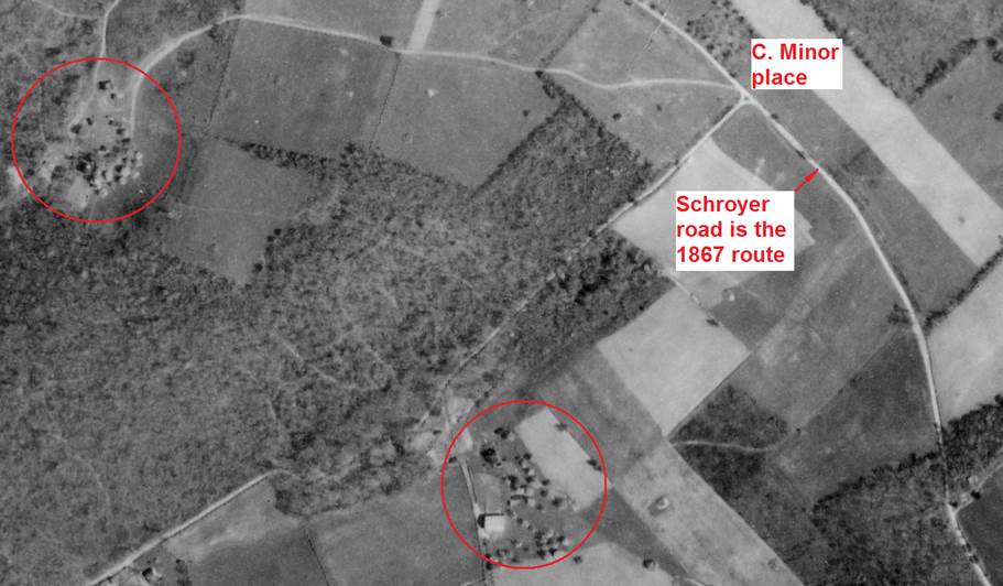 This aerial photo shows two farms along the now-abandoned 1794 route of the Turkey Foot Road. 
