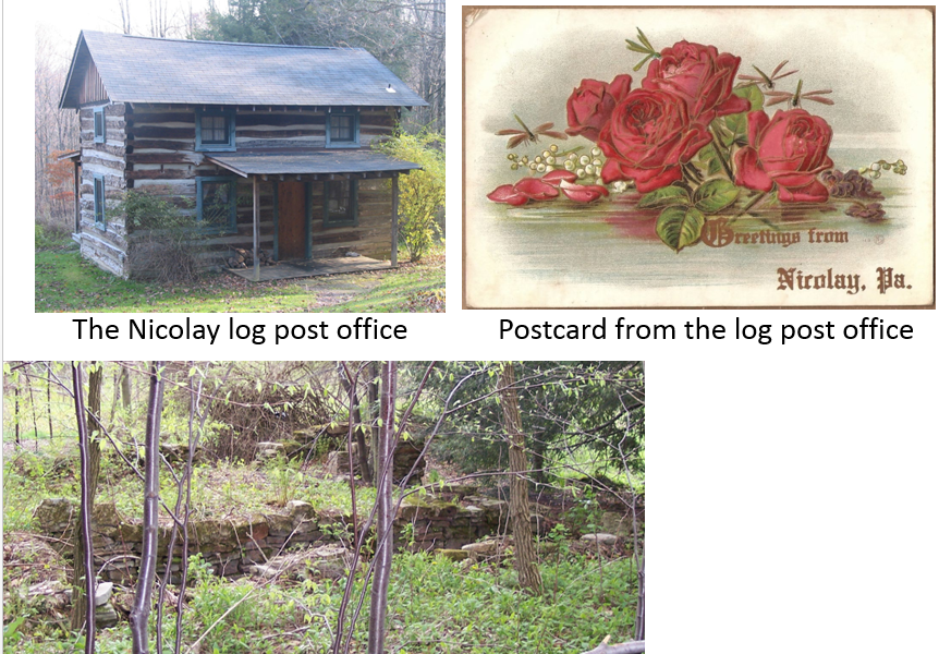 A photo of the Nicolay log post office along the 1867 route of the Turkey Foot Road. 