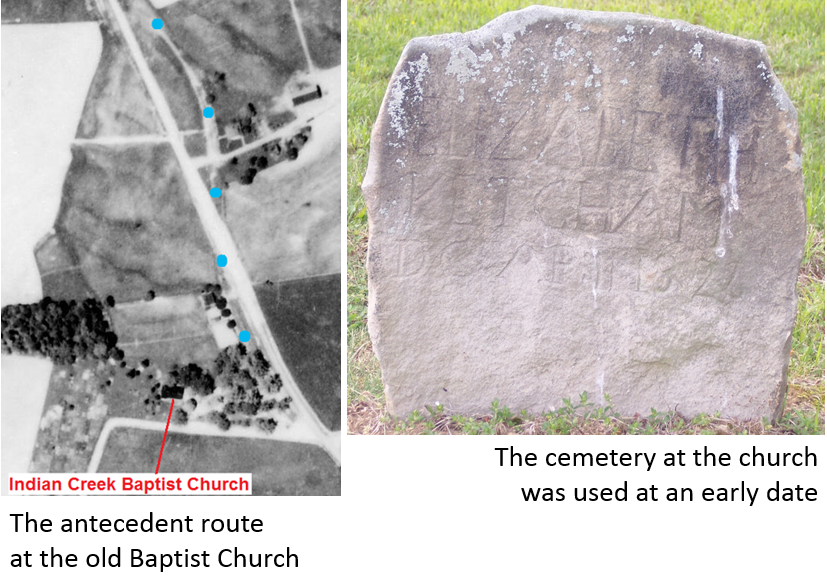 An aerial photo of the old Indian Creek Baptist Church along the Turkey Foot Road. 
