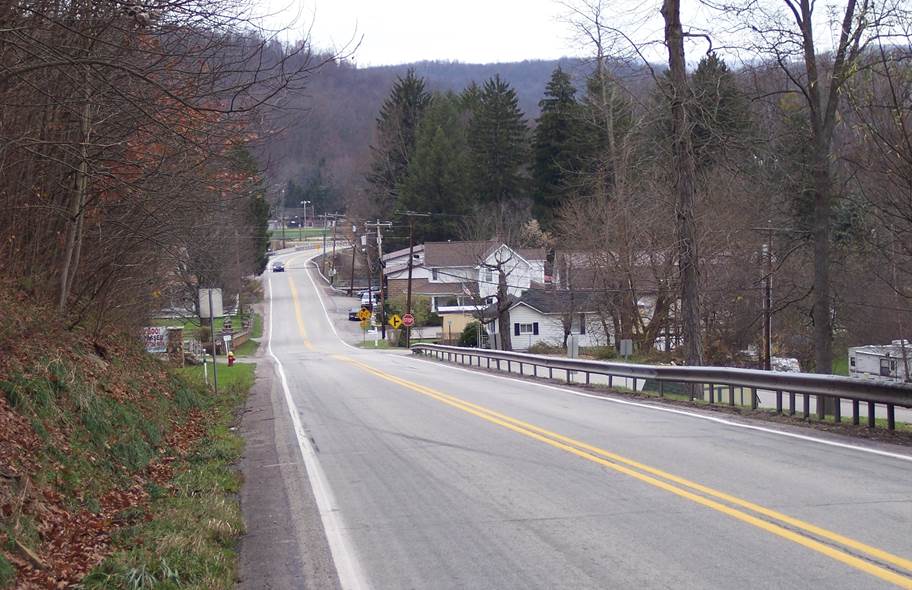  A photo of the current version of the Turkey Foot Road passeing through the village of Mill Run.