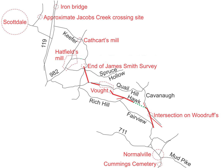 A drawing showing the known parts of the Turkey Foot Road across northern Fayette County. 