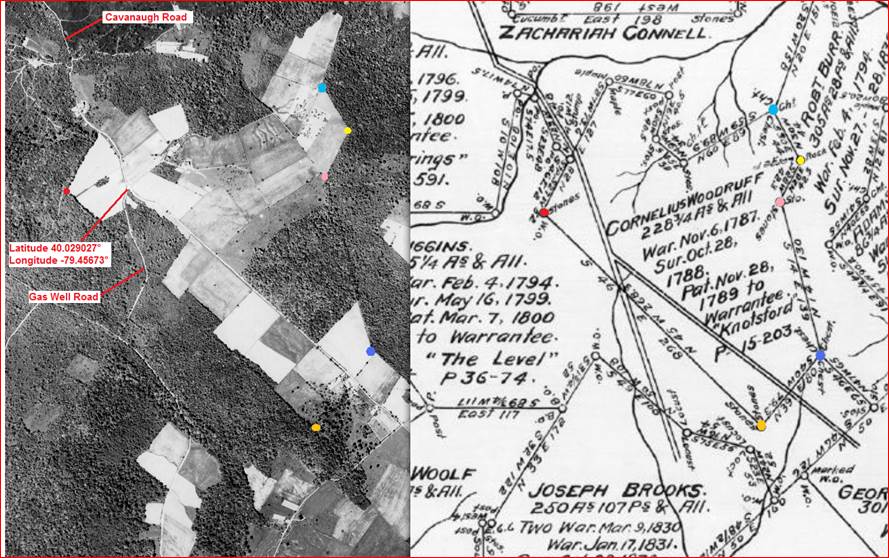 A survey drawing and aerial photo of the Cornelius Woodruff farm on the Turkey Foot Road. 