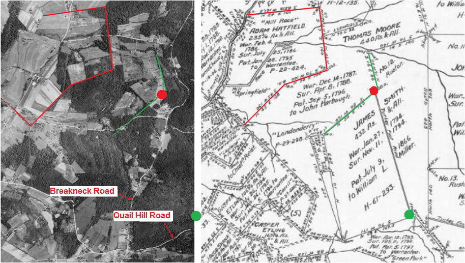 An aerial photo and map of the Hatfield property. 
