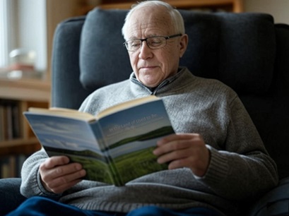 A seated Boomer grandfather reading a book.