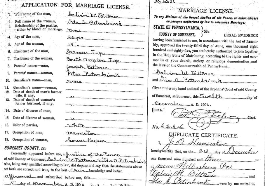 Marriage license of Calvin Wesley Bittner and Ida Ada Petenbrink.