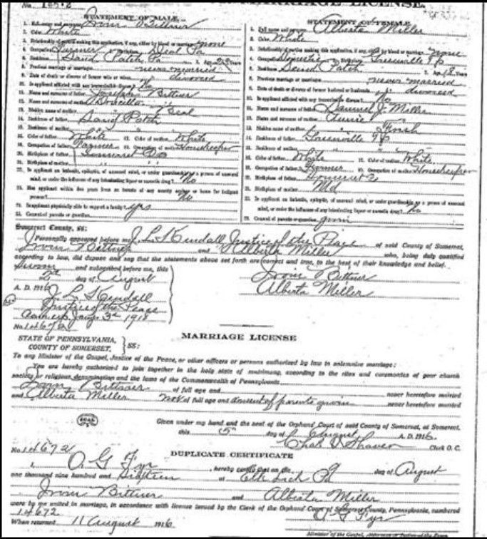 The marriage License of Irvin Joseph Bittner and Alberta Miller.