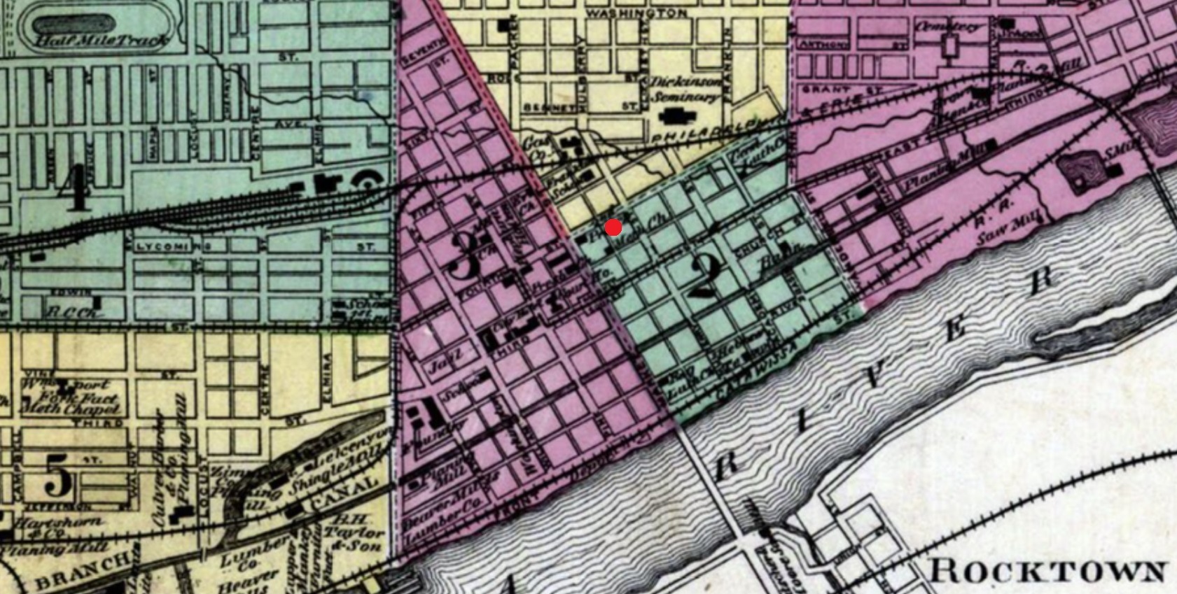 An excerpt from the Williamsport map in the 1873 atlas of Lycoming County, Pennsylvania.