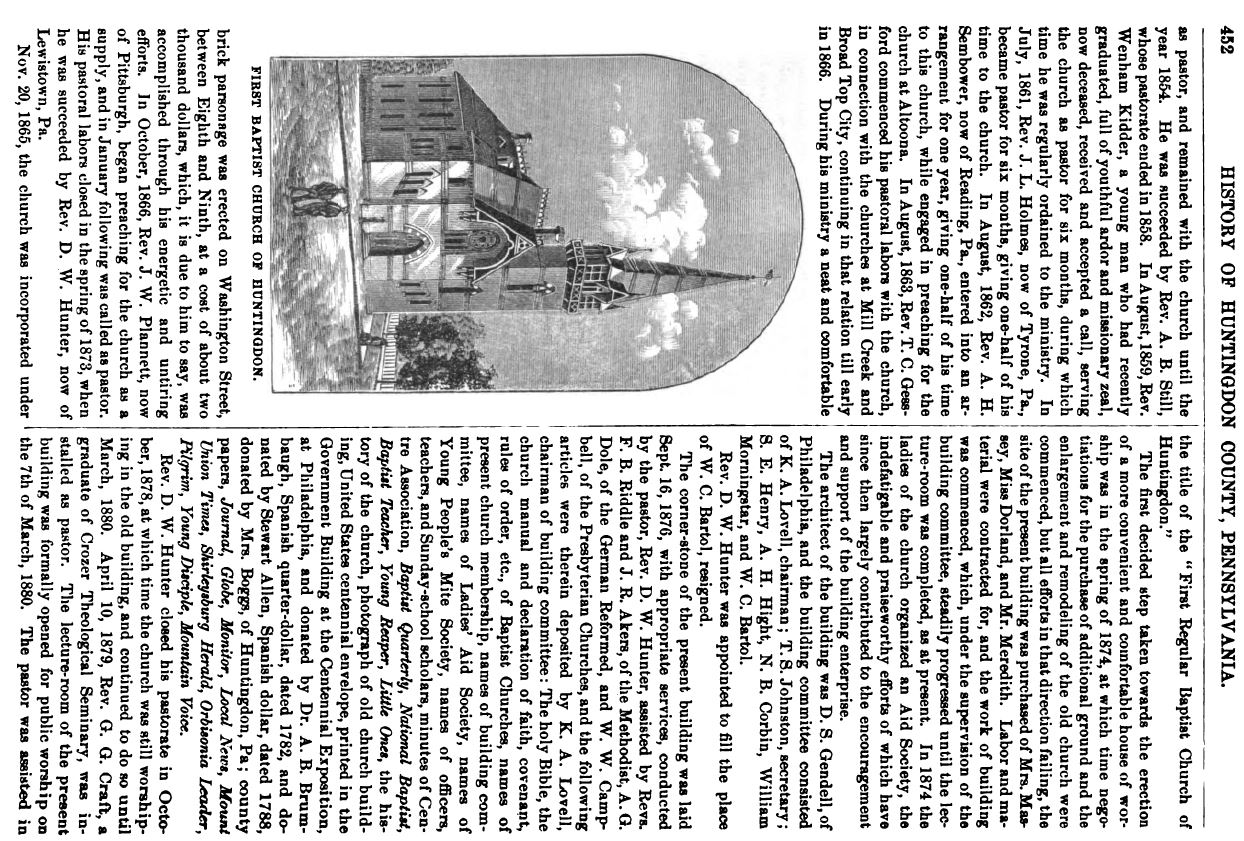 Page 452, History of Huntingdon County, Pennsylvania, with a drawing of the First Baptist Church at Huntingdon.