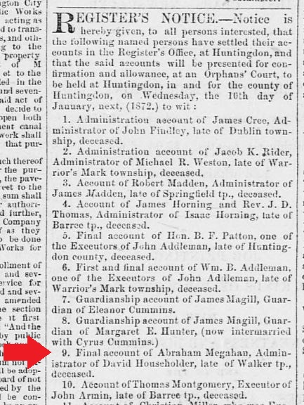 Megahan-related excerpt from the Huntingdon Journal. 