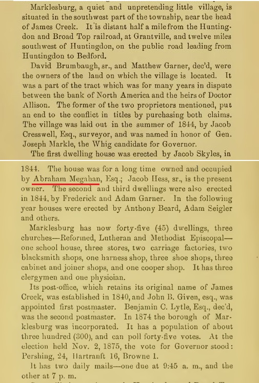 A reference to Abraham Megahan living in Marklesburg.  