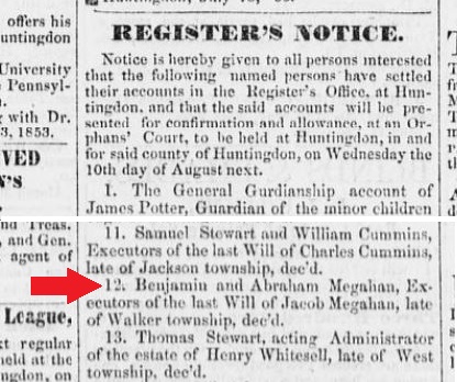 A Megahan-related excerpt from the July 27, 1853 issue of the Huntingdon Journal newspaper.