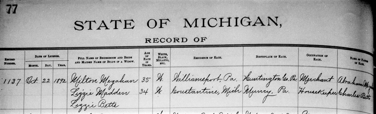 Milton Megahan marriage license application.