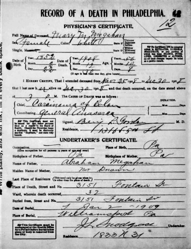  The death certificate of Mary M. Megahan indicates that her father was Abraham.