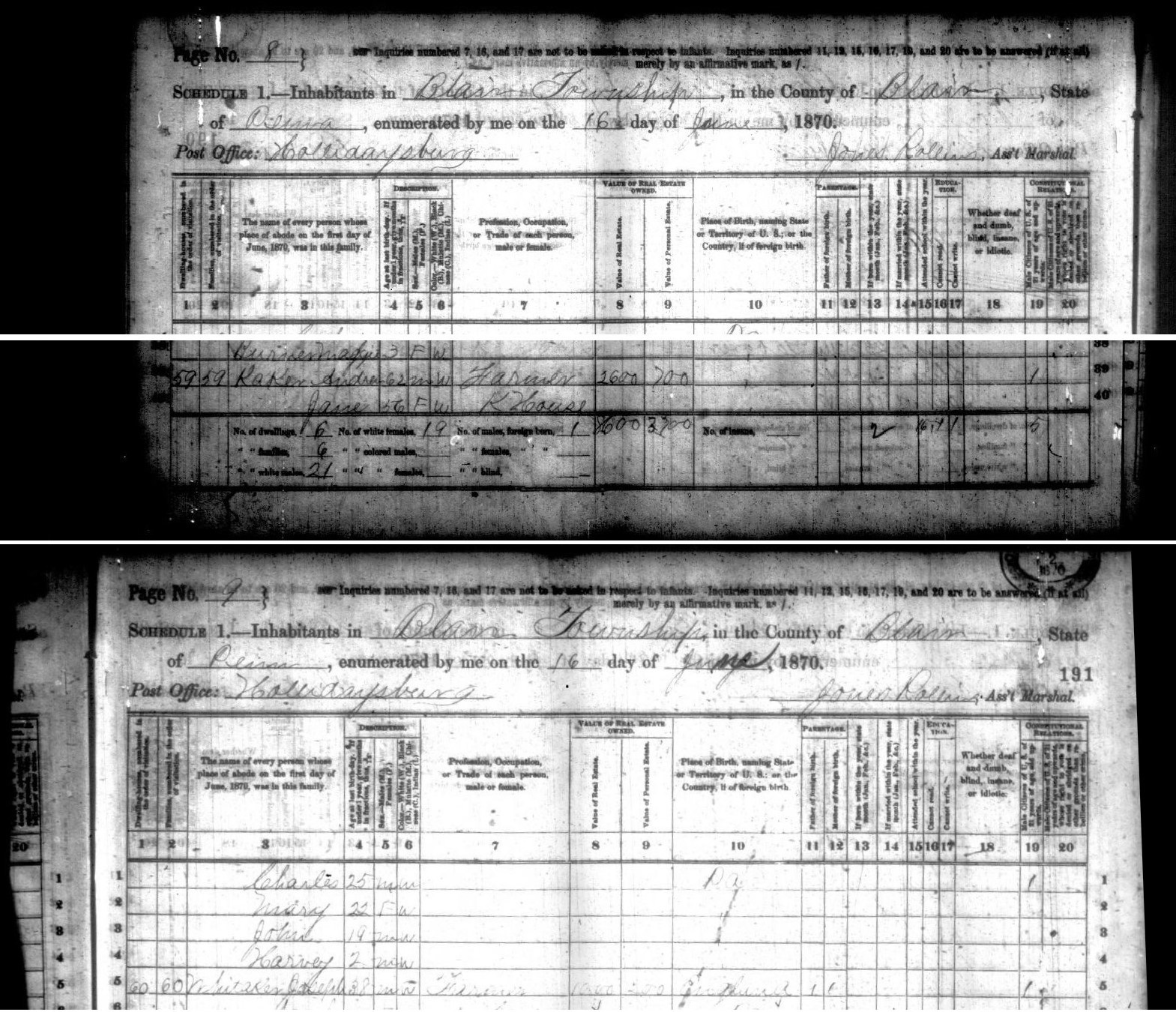 In this excerpt from the 1870 census, Andrew Baker is enumerated as a farmer.