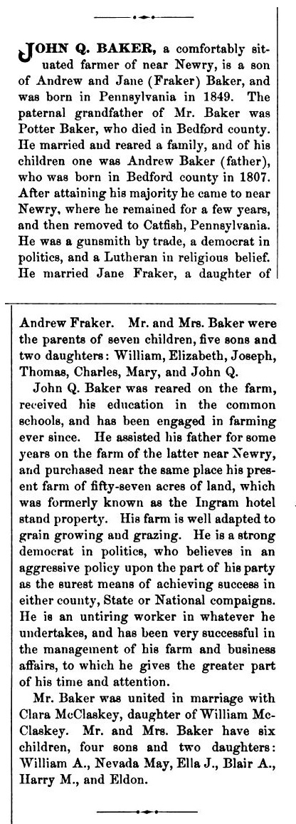 An excerpt from the 1892 book Biographical and Portrait Cyclopedia of Blair County, Pennsylvania indicating that the gunsmith Andrew Baker was born in Bedford County, Pennsylvania in 1807.